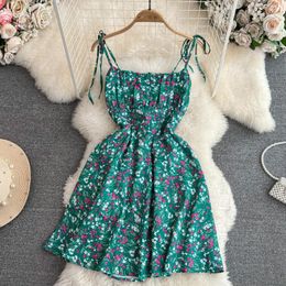 Casual Dresses 2023 Fashion Women Summer Spaghetti Strap Dress Sleeveless Lace-Up Backless A-Line Sweet Female Floral Short Slip