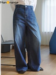 Jeans HanOrange 2022 Early Autumn Vintage Washed Wide Leg Jeans Women Loose High Waist Mopping Casual Trousers Female Dark Blue