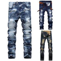 Men's Jeans High Quality Men Casual Ripped Jeans Washed Straight Slim Pleated Motorcycle Biker Jeans Pants Male Denim Trousers Plus Size 42 Z0508