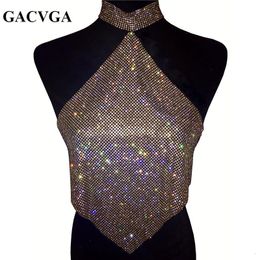 Camisoles Tanks GACVGA Shinning Crystal Diamond Crop Top Summer Beach Backless T Shirt Halter Sexy s Party Camis Women Tank Blusa 230508