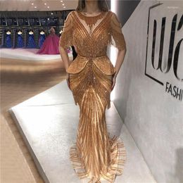 Party Dresses Luxury Dubai Crystal Tassel Silver Evening Dress Mermaid Arabic Formal For Women Wedding Long Gold Prom Gown SS049