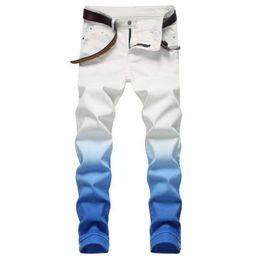 Men's Jeans New Fashion Gradient Colour Small Straight Stretch Jeans Male High Street Slim Jeans Long High Quality Casual Denim Pants White Z0508