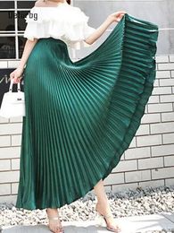 Skirts Women's Elegant Metal Color Mermaid Skirt Korean Fashion Elastic High Waist Floor Length Pleated Maxi Skirts Summer K78 230508