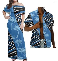 Vestidos informales Hycool HD Tropical Coconut Pint Royal Blue Hawaian Vestido Polinesia Tribal Pareja ropa fuera de hombro Long8434003