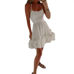 Casual Dresses Women's Mini A-Line Dress Puffy Sleeveless Cross Backless Ruched Hem Cami