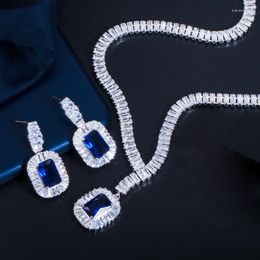 Necklace Earrings Set Wedding Bracelet Jewelry Square Blue Stone Pendant Luxury Fashion Classic Bridal Accessories Women Sets