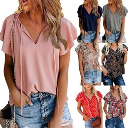 Women's Blouses Fashion Summer Women Shirts Floral Tops Ladies Short Sleeve V-neck Blusas Feminina Ruffled Blouse Mujer