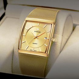 Wristwatches Mens Watches WWOOR Ultra-thin Mesh Belt Gold Square Quartz Wristwatch Fashion Business Waterproof Relogio Masculin