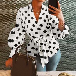 Women's Blouses Shirts Women Tops Blouse 2023 Autumn Sexy V-neck Point Dot Elegant Party Shirt Casual Loose Belted Lantern Sleeve Tunic Blusas T230508