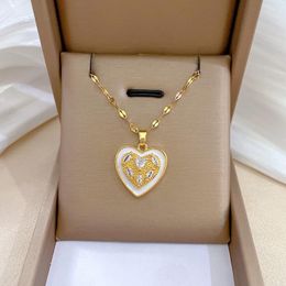 Chains Stainless Steel Crystal White Drop Glaze Heart Pendant Necklace For Women Delicate Gold Color Clavicle Chain Party Jewelry