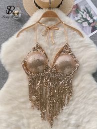 Camisoles Tanks SINGREINY Summer Sequins Sexy Camisole Women Halter Sleeveless Slim Backless Tank Tops Fashion Y2K Korean Beach Party Top 230508