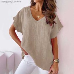 Women's Blouses Shirts S-5XL Size Cotton T Shirt Khaki Short Sleeve Tops For Women Summer Solid Colour Loose V-Neck Shirts White T230508