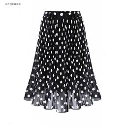 Skirts 4XL 5XL Larger Size Pleated Chiffon Skirt For Woman Summer Elastic Waist Polka Dot Print Beach Skirts Femme Saia Midi 230508