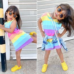 Girl s Dresses Pudcoco Kids Baby Girl Summer Sleeveless Rainbow Striped Dress Outfit Sunsuit Clothes 230508