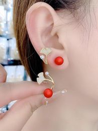 Stud Earrings Small Fresh Two Ears With Pearl Ginkgo Leaf Ladies 2023 Trendy Cool High-end Fashion Jewellery Silver Needle