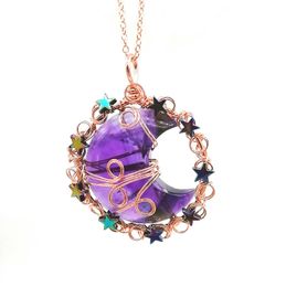 JLN Crescent Moon Star Pendant Wire Wrapped Rose Gold Plated With Hematite Pentagram Pendants Brass Chain Necklace