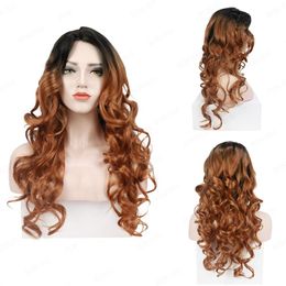 Synthetic Wigs Rebcass Long Ombre Brown Cosplay Body Wave Middle Part For White/Black Women Brazilian American Hair