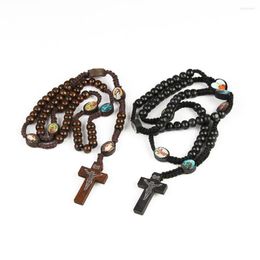 Pendant Necklaces Komi Catholic Christ Orthodox Wooden Beads Hollow Cross Necklace For Women Men Religious Jesus Rosary Jewellery Gift