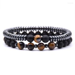 Strand Fashion 2PCS/Set Natural Stone 8mm Beads Bracelet Men 6mm Hematite Round Tablets Chain Bracelets For Women Gifts Pulseras