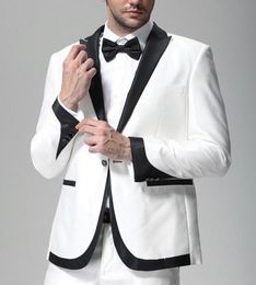 Brand New White Groom Tuxedos Black Peak Lapel Slim Fit Men Wedding Tuxedo Fashion Men Jacket Blazer Men Prom Dinner/Darty Suit Jacket Pants Tie 619