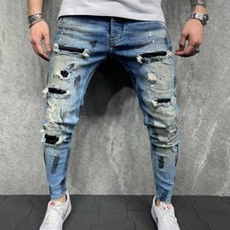 Men's Jeans New Men Ripped Jeans Men's Painted Black Patchwork Patch Beggar Pants Street Jeans Hip Hop Biker Skinny Pencil Pants S3XL Z0508