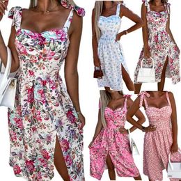 Casual Dresses Women Summer Sleeveless Slit Skirt Retro Sweet Floral Print Midi Dress Ladies Elegant Sling Backless Strap VNeck Sexy Dress Z0506