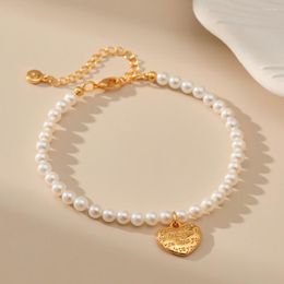 Strand MKOPSZ Sweet Elegant Imitation Pearl Beaded Bracelet Gold Colour Metal Heart Charm Bracelets For Women Fashion Jewellery Gifts