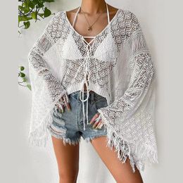 Women's Swimwear Beach Shirt Hooked Hollow Flare Tassel Sleeves Bikini Swimsuit Cover Up Back Neck Sexy Perspective Deep V Kimono 230508