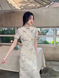 Ethnic Clothing 2023 Summer Women Cheongsam Purple Floral Chinese Style Dress Casual Elegant Improved Vintage Long Dresses