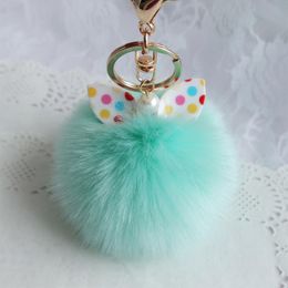 Keychains Lovely Fluffy Ear Fur Ball Key Chain Wave Point Bow-knot Pompom Artificial Keychain Women Car Bag Ring