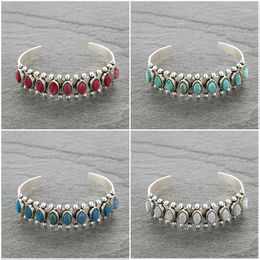 Bangle Bohemian Natural Turquoises Stone Open Bracelet Tibetan Jewellery Antique Silver Colour Cuff For Women Gift