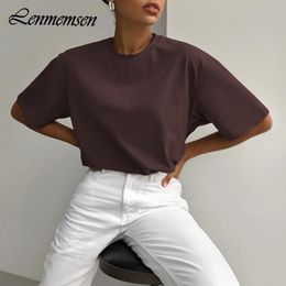 Women's T-Shirt Lenmemsen Summer Casual Solid Tees Female Simple Cotton All-match Basic T Shirts Women Loose Short Sleeve O-neck Tops for Girls 230508