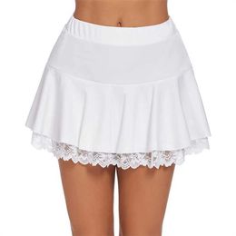 Skirts Women's Pleated Mini Skirt Young Girls Gothic Black A-shaped Flared Outline Lace Ruffles Elastic Waistband Short Skirt P230508