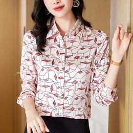 Women's Blouses Real Silk Shirts Women's Satin Elegant Turn-down Collar Fashion Women Print Blouse Tops Long Sleeve Woman Casual Shirt