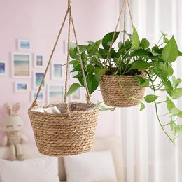 Planters Pots Hanging Planter Straw Rope Woven Wall Hanging Plant Storage Basket Flower Pot Hanger For Wall Decoration Countyard Garden 230508