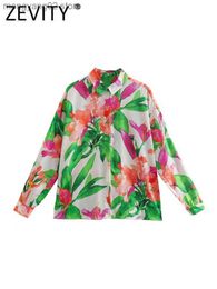 Women's Blouses Shirts Zevity Women Fashion Tropical Leaves Floral Print Smock Blouse Office Lady Side Split Breasted Casual Blusas Chemise Tops LS1354 T230508