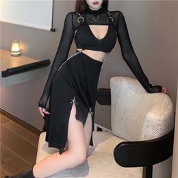 Skirts Goth Streetwear Punk Black Y2K Bodycon Sexy High Slit Harajuku Metal Patchwork Waist 230508