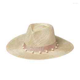 Wide Brim Hats Summer Pearl Chain Sun Hat Decoration Sisal Straw Outdoor Travel Sunscreen Sunshade Wide-brimmed Jazz HatWide