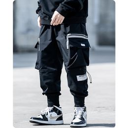 Men's Pants Reflective Stripe Harajuku Paratrooper Clothes Trendy Drawstring Cargo Multi-pocket Overalls Leggings