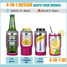 Tumblers 14 Colours 4In1 Can Cooler Tumbler 14Oz Coffee Mug Stainless Steel Vacuum Cold Cans Holder For 12Oz Beer Bottles Outdoor Por Dhf7L