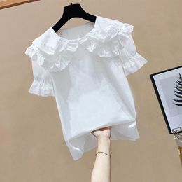 Clothing Sets Summer Baby Toddler Teen Girls Ruffles Lace Blouse White Short Sleeve Girl Shirt Kids Pullover Tops 6 8 10 12 Years 230508