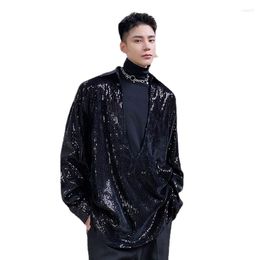 Men's Casual Shirts Men Sequin Deep V Loose Long Sleeve Pullover Shirt Man Nightclub Stage Fashion Hipster Streetwear Vintage Tops