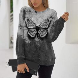 Women's Blouses Gradient Butterfly Print O Neck Spring Blouse Elastic Cuff Long Sleeve Casual Lady Shirt All Match Wear-resistant Women