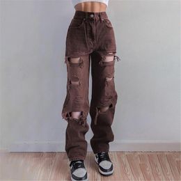 Women's Jeans Women's Baggy Autumn High Waist Hole Pocket Korean Fashion Loose Vintage Clothes Slim Denim Pants #H