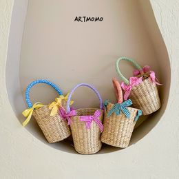 Handbags est Children Straw Bag Summer Beach Cute Po Props Handmade Tote Cute Princess Mini Handbag for Baby Girls Boys Kids 230508
