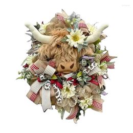 Decorative Flowers Highland Cow Door Wreath Bows Leaves Wooden Spring Summer Floral Wreaths For Front Flower Arrangement Home Farmhouse