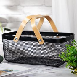 Organisation Nordic Metal Mesh Fruit Basket Bin with Double Wooden Handle Kitchen Wrought Iron Rectangle Storage Basket Food Container