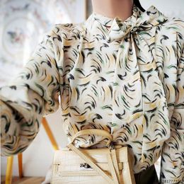 Women's Blouses Fragmented Print Heavyweight Silk Top Ribbon Bow Shirt Long Sleeve Women Spring And Autumn