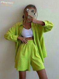 Women's Tracksuits Clacive Fashion Green Office Women'S Suit Casual Loose High Waist Shorts Set Female Elegant Long Sleeve Blouse Two Piece Set 230508