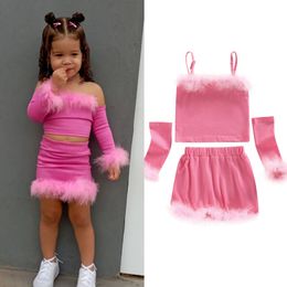 Sets Suits 1 6Y Kids Girls Autumn Clothes Sets Baby Furry Trim Sleeveless Tops with Oversleeve Short Skirts 3Pcs Children Fashion Outfit 230508
